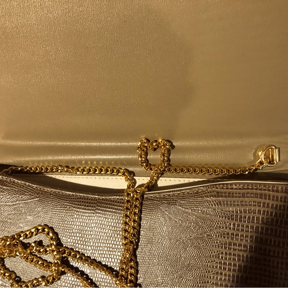 Vintage reptile snake skin leather lining clutch, shoulder bag with gold chain - Picture 9 of 11